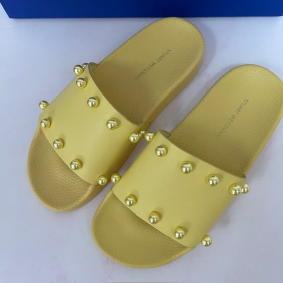 Stuart Weitzman Superstud Beaded Pool Slide Sandals in Lemon Color Size 5B NEW - Picture 5 of 7